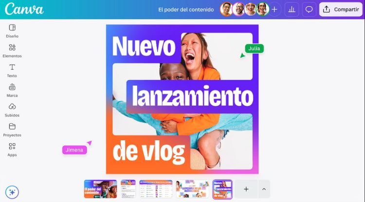 Imagen que muestra el funcionamiento de las nuevas suites visuales unificadas de Canva. En este caso, en un mismo lienzo de diseño podemos acceder a diferentes tipos de creatividades (cartel, post de redes, excell, web...)