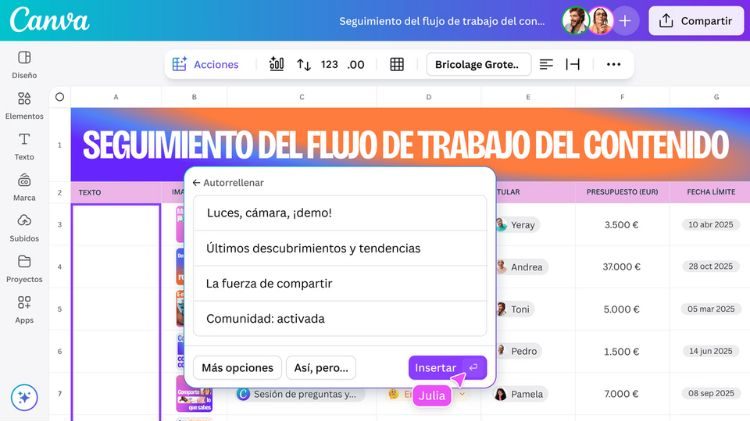 Imagen que muestra el funcionamiento de la herramienta Estudio Mágico a gran escala en una hoja de cálculo de Canva