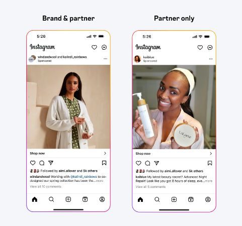 Imagen que muestra las dos posibilidades de mención de los anuncios colaborativos. A la izquierda: mención en el encabezado a la marca y el partner. A la derecha: mención solo al partner